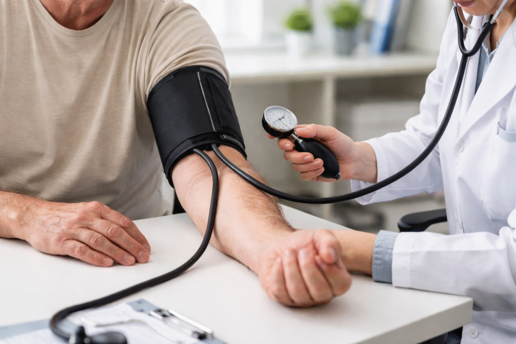 Patient having blood pressure measured with a cuff in a clinical setting, representing hypertension monitoring and healthcare assessment.