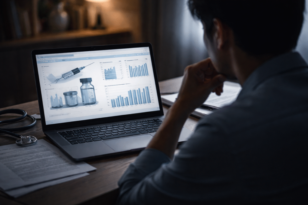 Person sitting thoughtfully while reviewing medical information on a laptop in a dimly lit setting, symbolizing uncertainty around vaccine science.