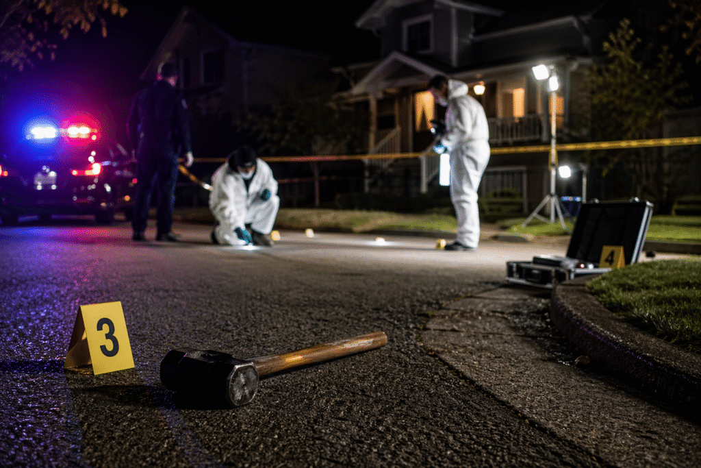 Police vehicles and investigators at a residential crime scene at night with flashing lights, symbolizing a violent assault investigation.