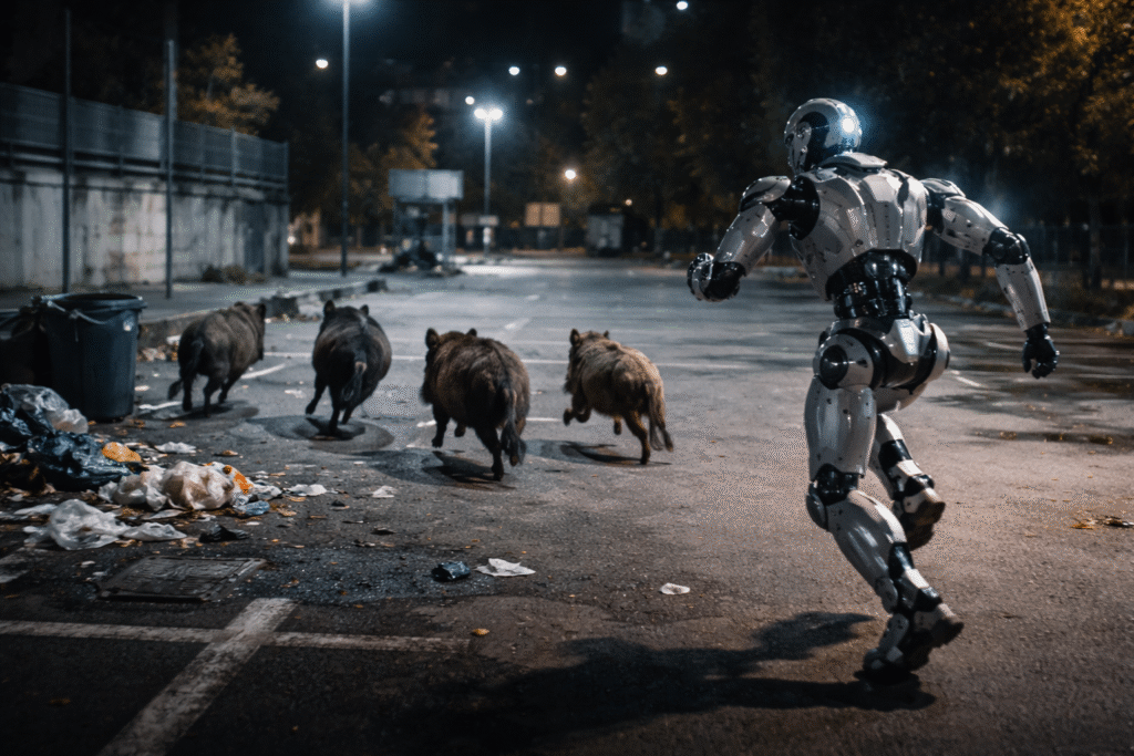 Humanoid robot running after a group of wild boars in an urban parking area at night, reflecting viral footage of AI interacting with wildlife.