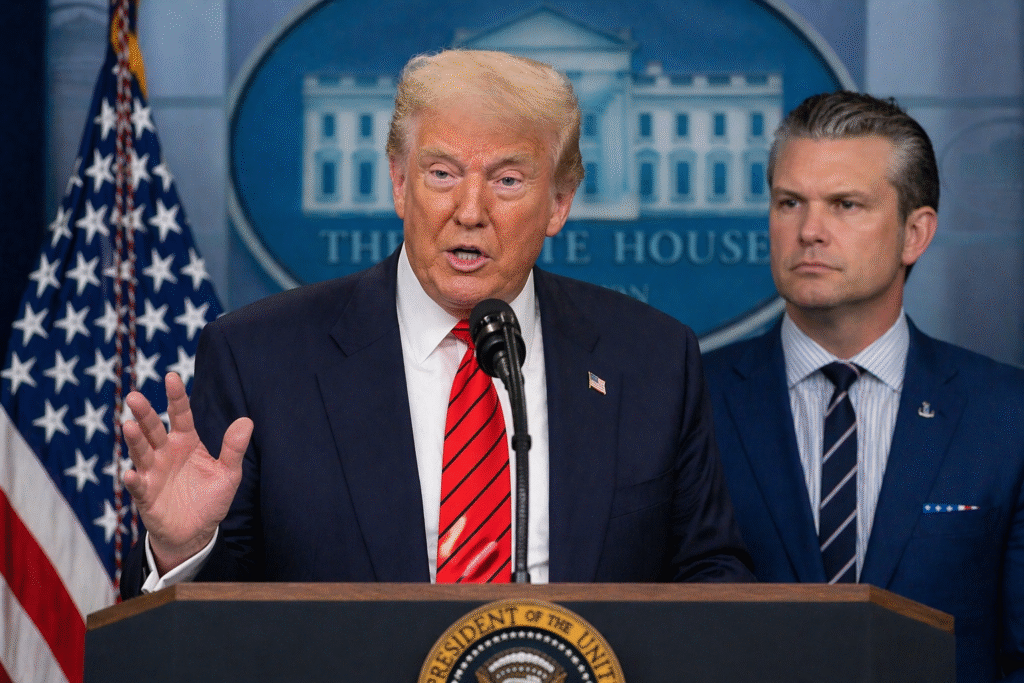 Senior government official speaking at a press briefing with an American flag and government building in the background, representing military leadership changes.