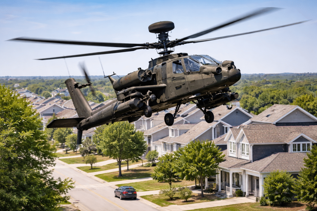 Military helicopter flying at low altitude over a residential neighborhood, with houses visible below and clear daytime skies.
