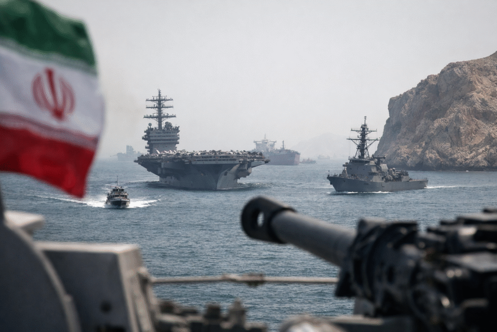 U.S. Navy ships navigating the Strait of Hormuz with an Iranian flag blurred in the foreground and oil tankers visible in the distance.