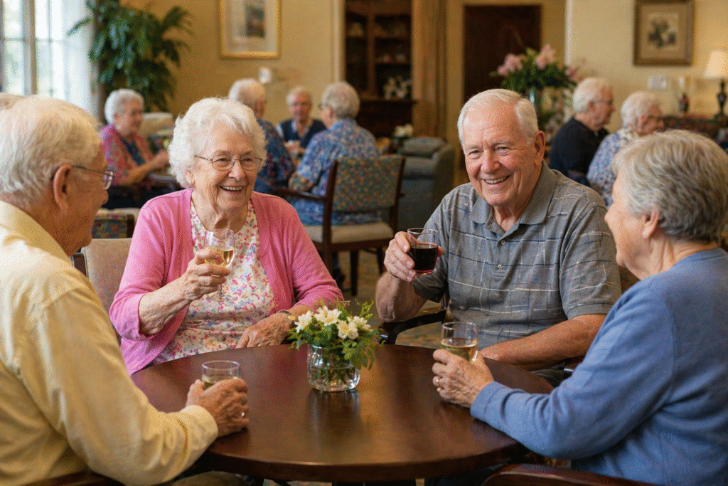 Elderly residents sitting together in a nursing home lounge, socializing in a relaxed indoor setting that reflects a communal social hour environment.