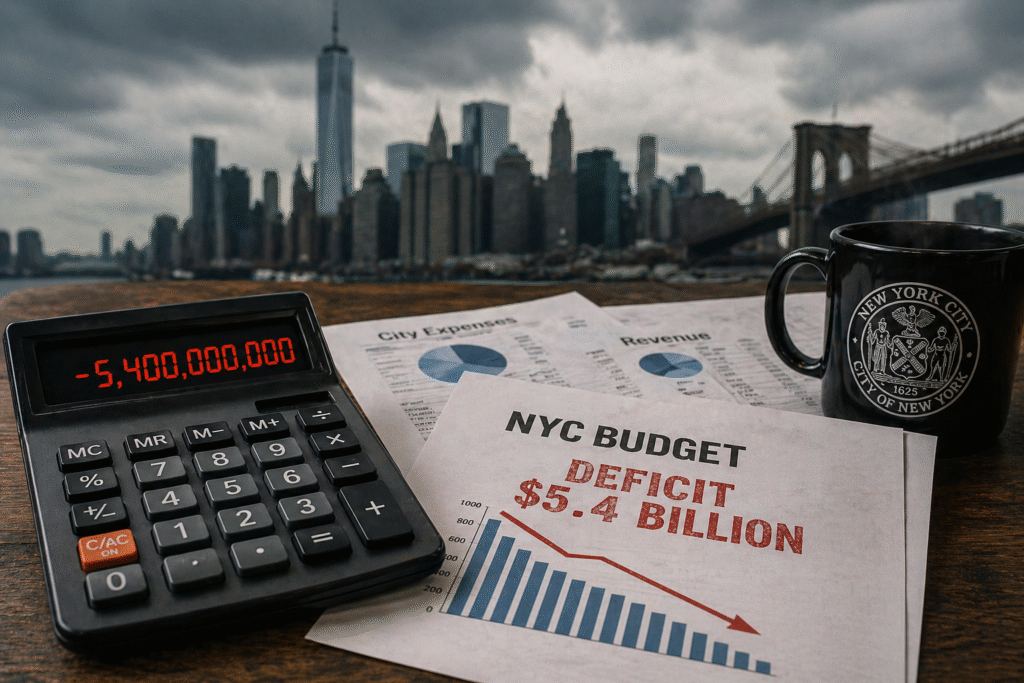 Close-up of a calculator showing a large negative balance beside printed New York City budget documents, with a blurred city skyline in the background under cloudy skies.