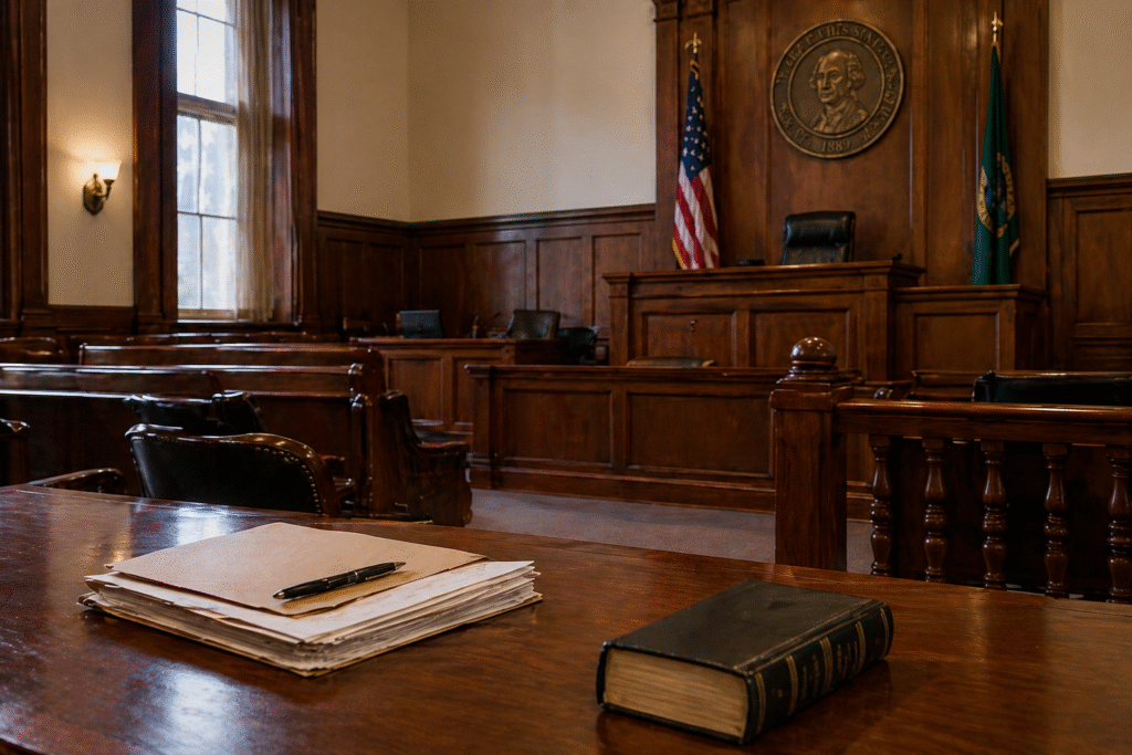 Empty courtroom with wooden benches and judge’s bench, representing an ongoing legal case involving foster care policy and constitutional rights.