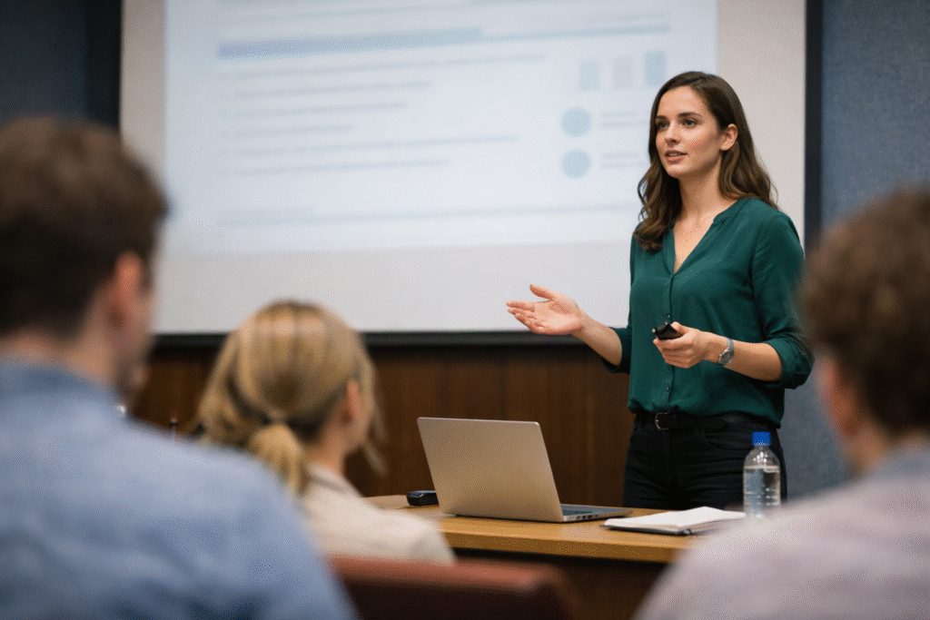 Young woman confidently delivering a presentation in a classroom while addressing an audience with slides displayed behind her.
