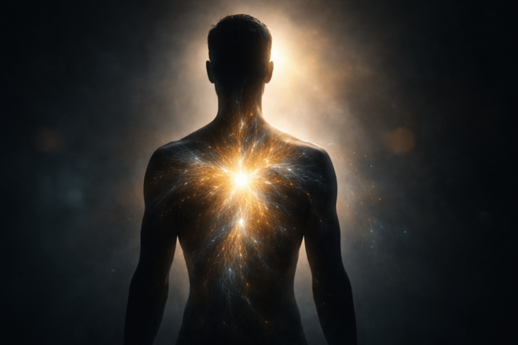 Human silhouette with subtle glowing internal energy patterns suggesting alternative biological energy processes