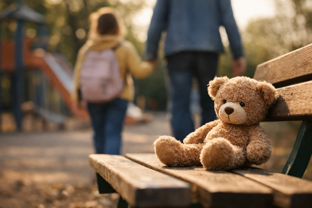 Zoo enclosure barrier with unattended child’s toy in foreground and adults distracted by smartphones in background, illustrating lack of supervision.