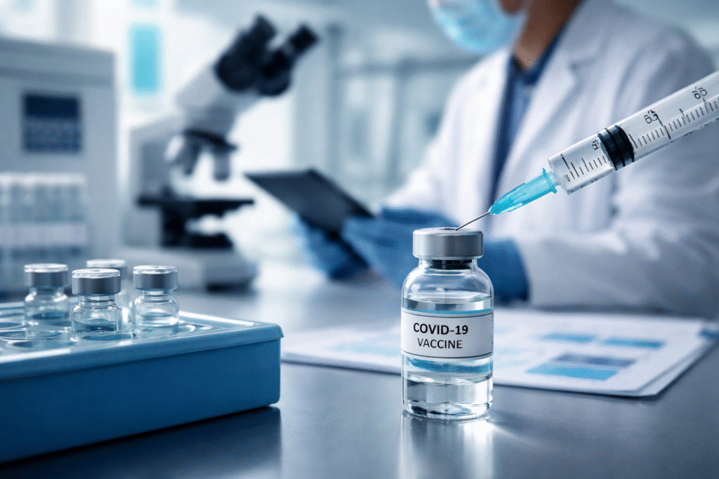 Close-up of a vaccine vial and syringe in a sterile laboratory with a scientist reviewing medical data in the background.
