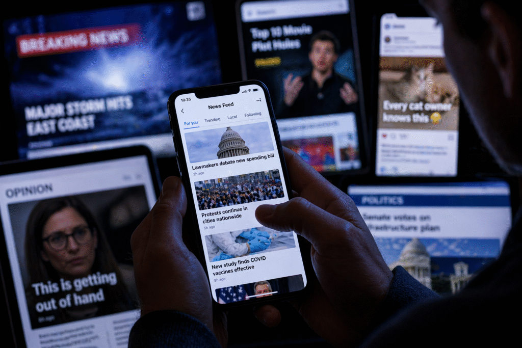 Person holding a smartphone in a dimly lit environment while scrolling through a news and social media feed, representing modern digital news consumption.