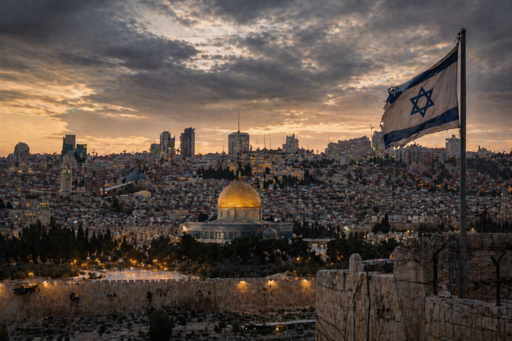 Cityscape of Jerusalem at dusk with historic buildings and a subdued atmosphere, representing political and social tensions in the region.