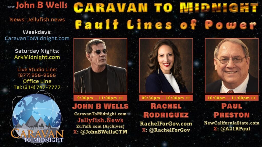 Promotional banner for Caravan to Midnight Episode 2746 titled “Fault Lines of Power,” featuring host John B. Wells and guests Rachel Rodriguez and Paul Preston, with show times, website links, and contact details displayed over a dark, starry background with a globe graphic.