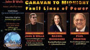 Promotional banner for Caravan to Midnight Episode 2746 titled “Fault Lines of Power,” featuring host John B. Wells and guests Rachel Rodriguez and Paul Preston, with show times, website links, and contact details displayed over a dark, starry background with a globe graphic.