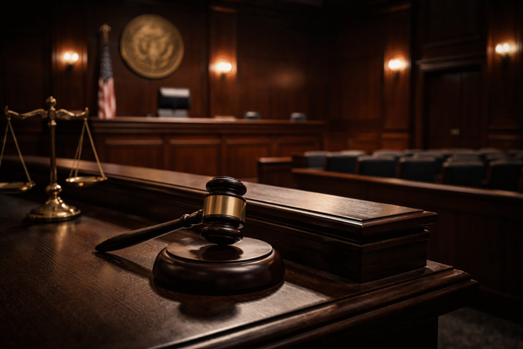 Dimly lit empty courtroom with a judge’s bench and gavel symbolizing judicial responsibility and legal consequences.