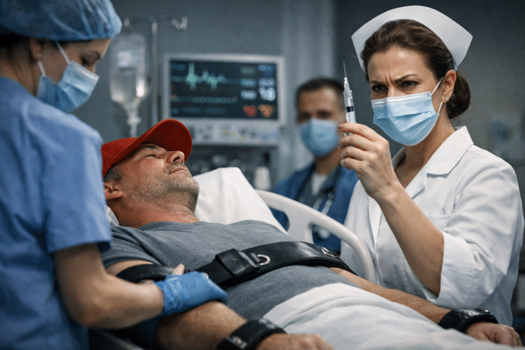 Patient lying in a hospital bed while medical staff prepare treatment, symbolizing concerns about bias and trust in healthcare settings.