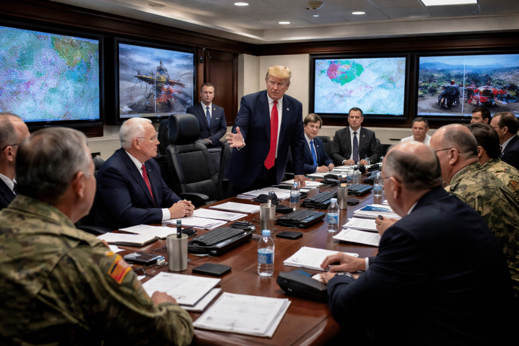 A president briefing officials in a situation room during a coordinated emergency response effort.