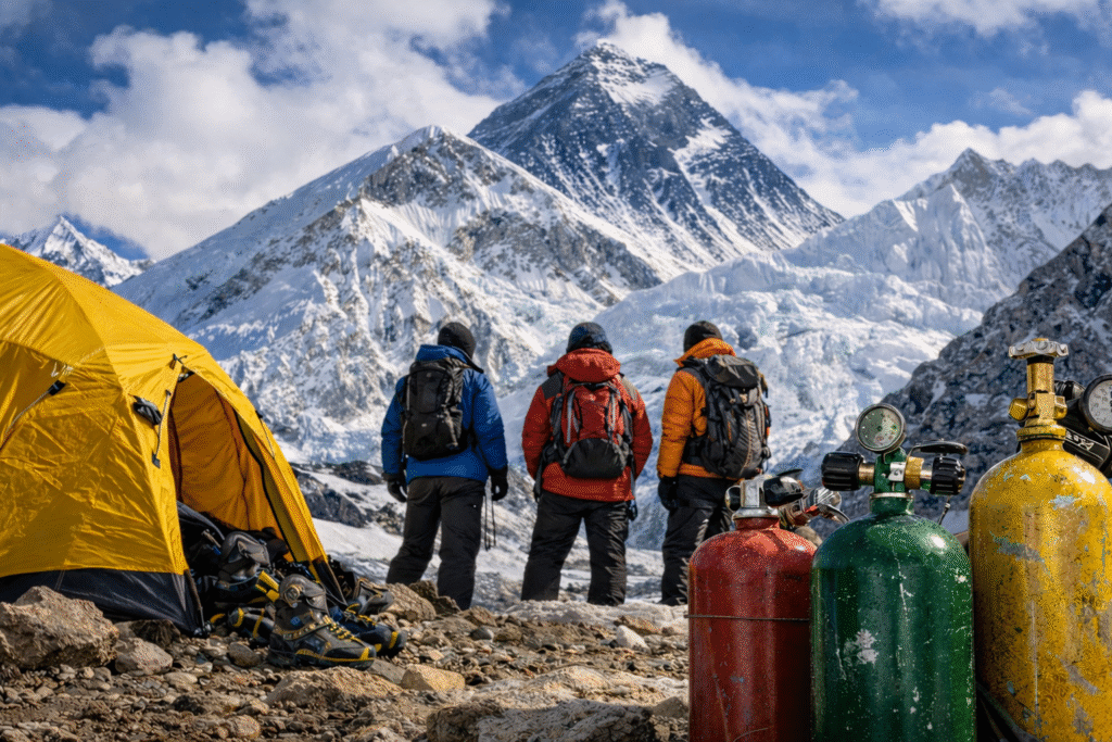 Three climbers standing at a high-altitude Everest camp with oxygen tanks and a yellow tent, facing the snow-covered mountain peak.
