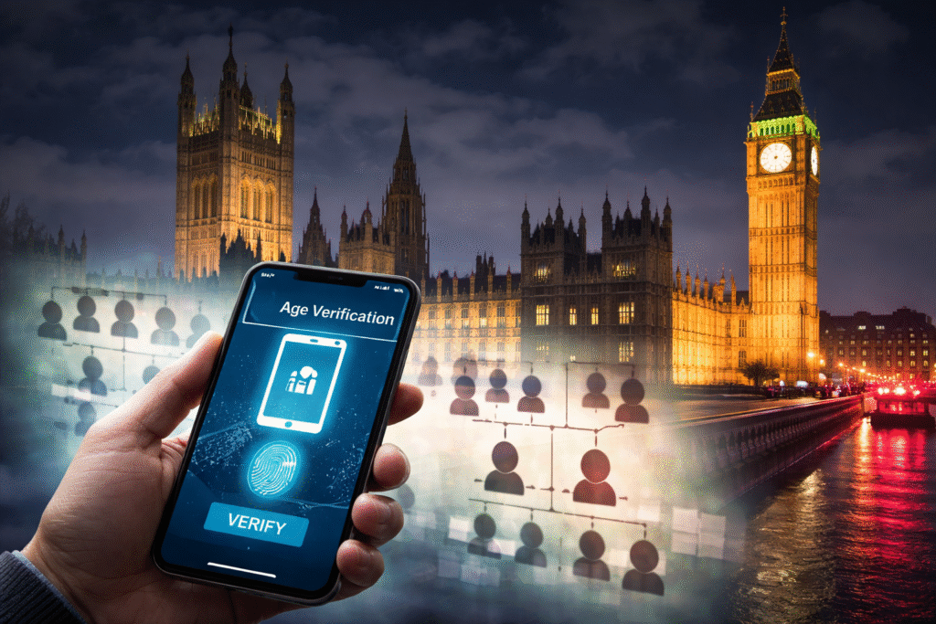 UK Parliament building with symbolic smartphone age verification screen and blurred family tree imagery representing policy debate on online regulation and family law.