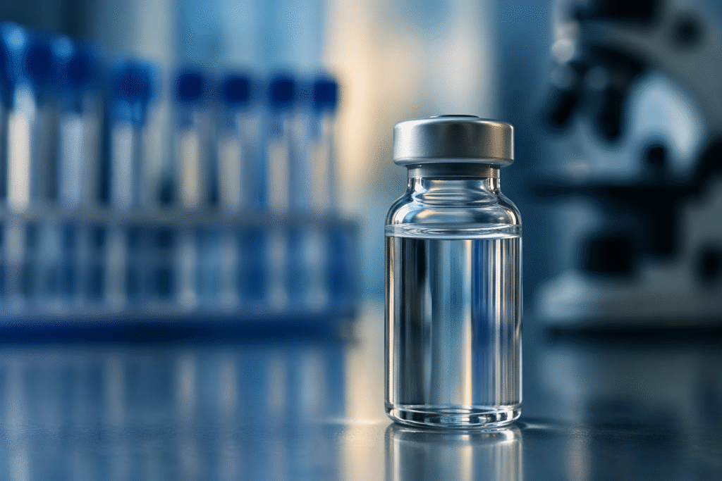 Close-up of a vaccine vial on a reflective surface in a softly lit laboratory setting, symbolizing medical research and public trust.