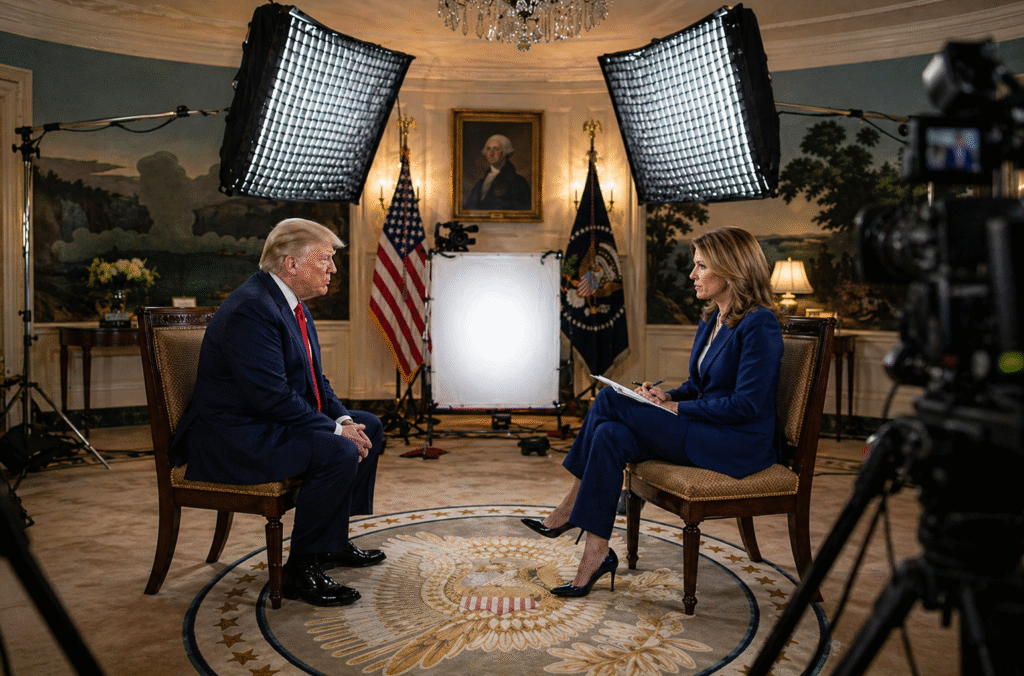 Donald Trump seated for a formal interview in a White House-style room, facing a female journalist, with studio lights, cameras, and American flags visible in the background.