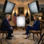 Donald Trump seated for a formal interview in a White House-style room, facing a female journalist, with studio lights, cameras, and American flags visible in the background.