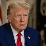 Close-up of Donald Trump in a dark suit and red tie, seated indoors with an American flag in the background, looking serious during an interview.