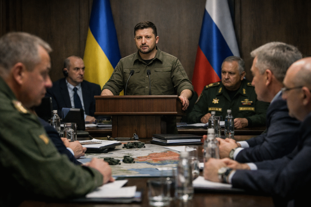 A serious government setting showing officials in discussion, symbolizing rising geopolitical tensions between Russia and Ukraine.