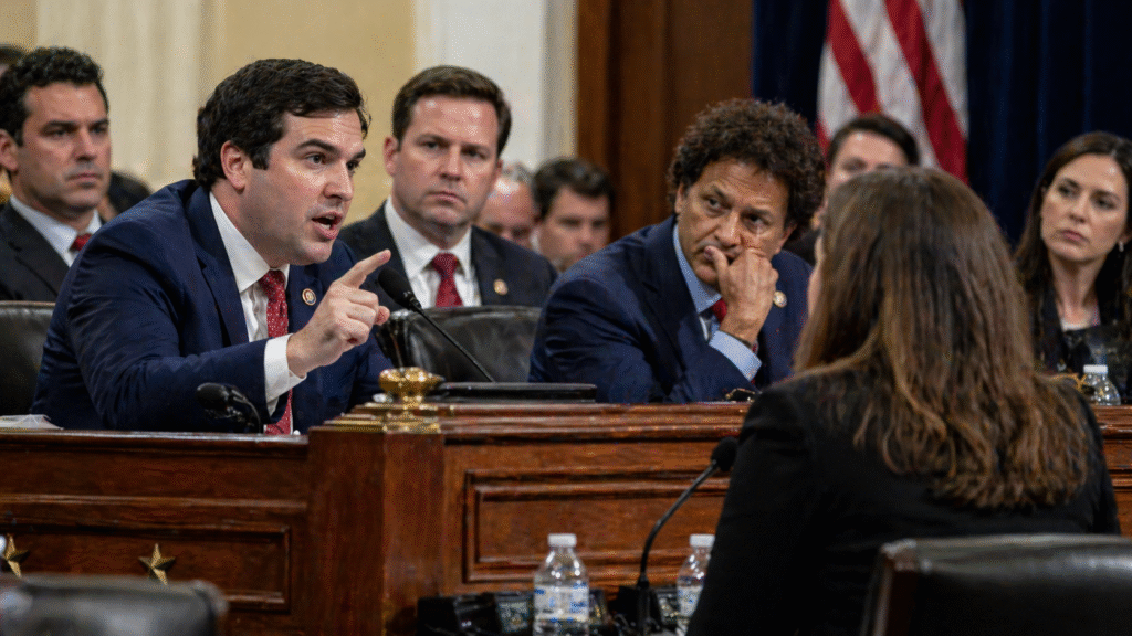 Lawmakers in a congressional hearing room engaged in a tense discussion, with one speaking emphatically while others listen during a debate on abortion policy.