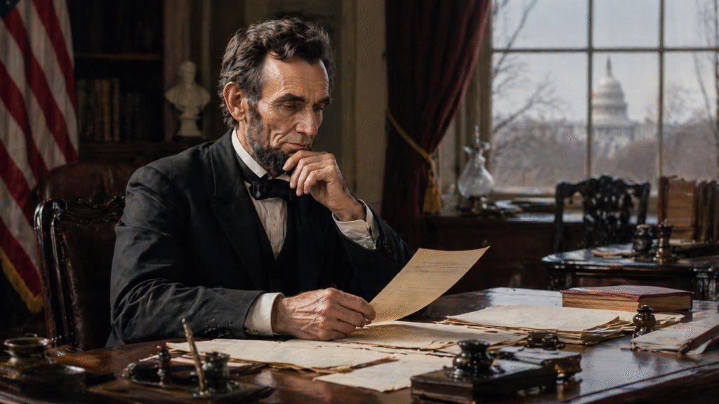 Man resembling Abraham Lincoln seated at a desk in a 19th-century office, reviewing documents with the U.S. Capitol visible through a window in the background