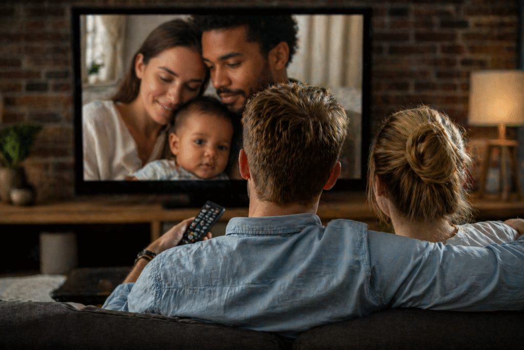 Couple sitting on a couch watching television, where a diverse family is displayed on the screen, in a warmly lit living room setting.