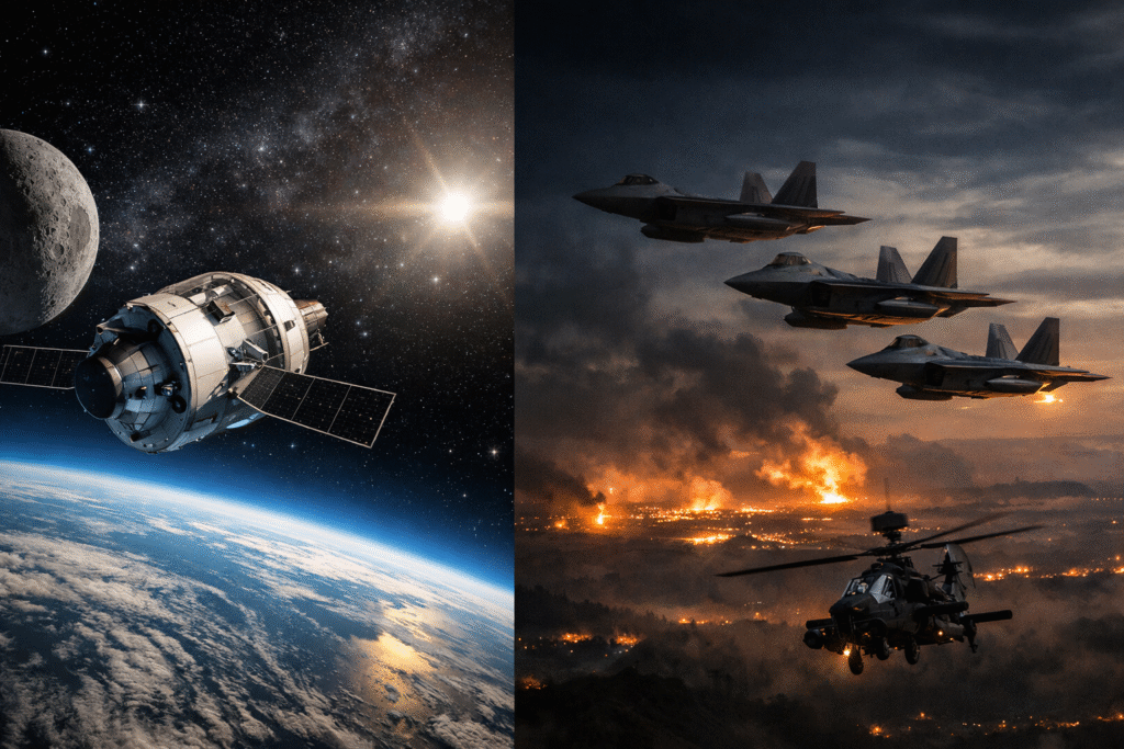 Split-scene image showing a spacecraft orbiting above Earth with the moon and stars in space on one side, and military jets flying over a burning landscape with explosions below on the other.