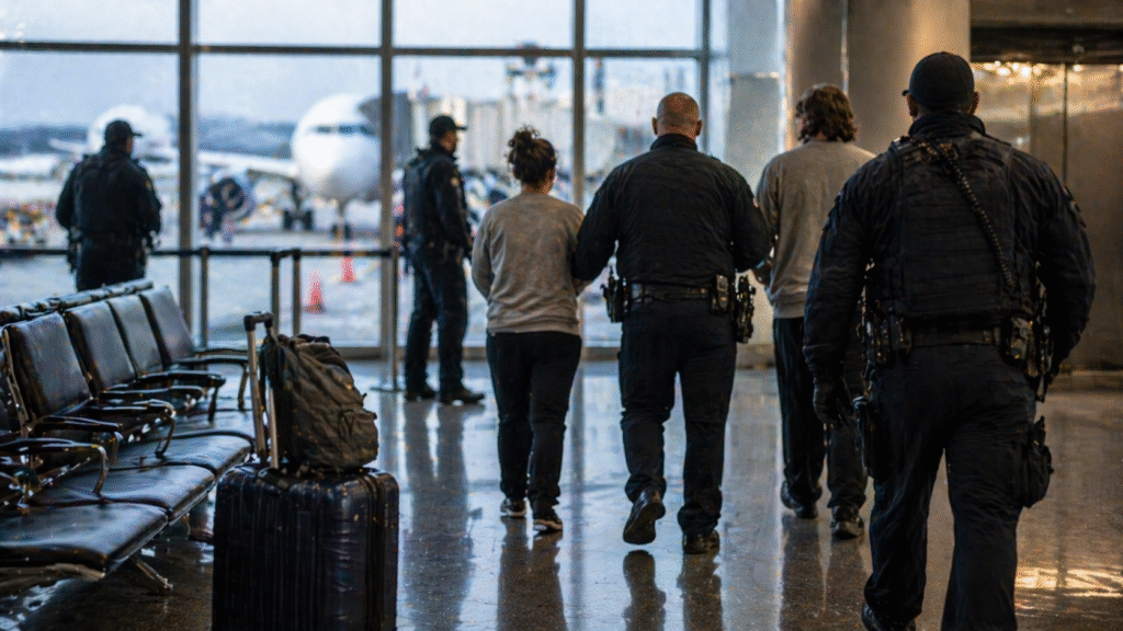 Law enforcement officers escort individuals through an airport terminal toward a gate area, with luggage and seating visible under indoor lighting