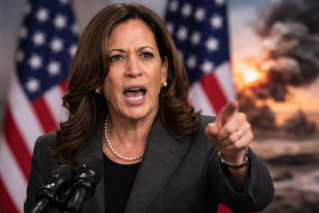 Kamala Harris speaking at a podium with microphones, pointing forward with a serious expression, with American flags in the background and a blurred scene of fire and smoke behind her.