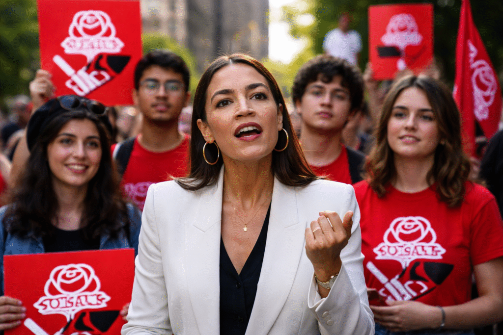Representative Alexandria Ocasio-Cortez speaking at an outdoor rally, surrounded by activists holding red protest signs, with a crowd gathered in the background.