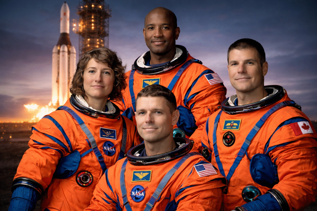 Four astronauts in orange NASA spacesuits posing together with a large rocket on a launch pad in the background at dusk, illuminated by bright lights and a glowing sky