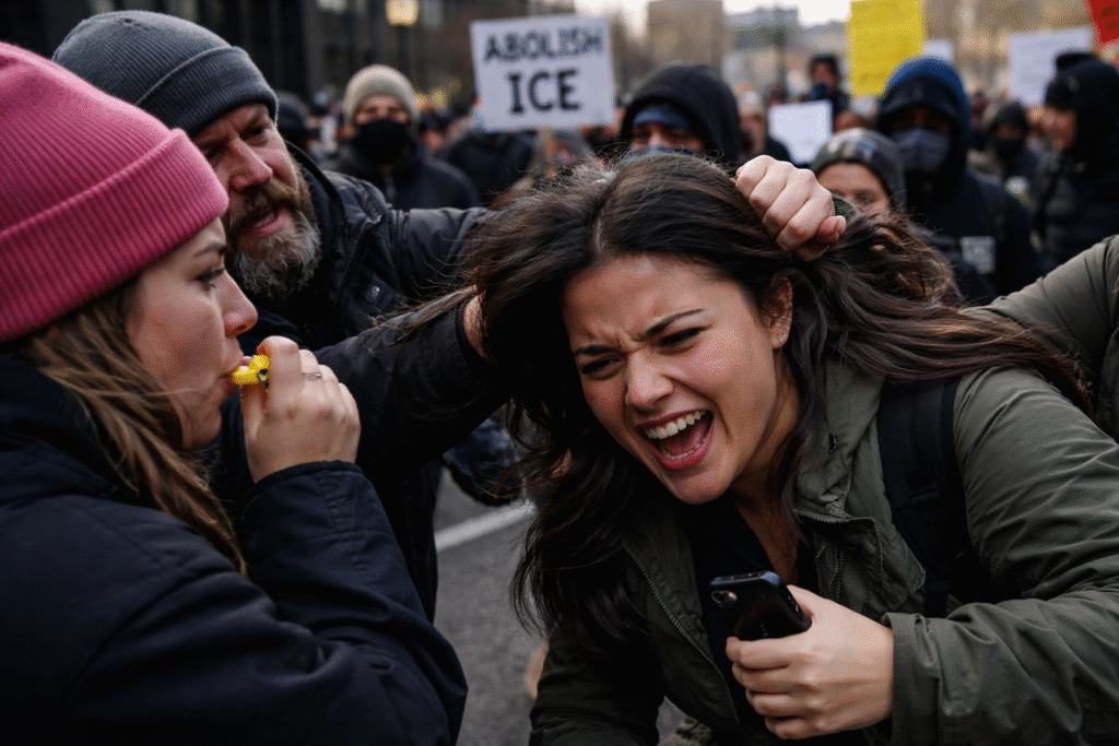 Protester blowing a whistle into a woman’s ear while another pulls her hair during a chaotic street protest, with a dense crowd and signs visible in the background