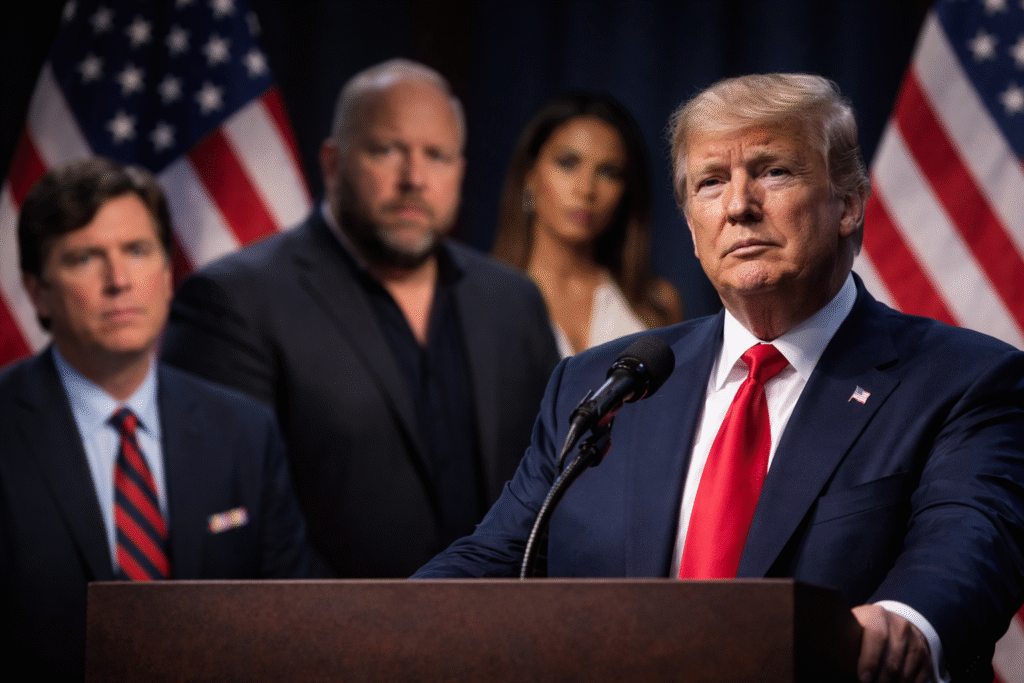 President Donald Trump speaking at a podium with American flags behind him, while several blurred media figures stand in the background, creating a tense political atmosphere
