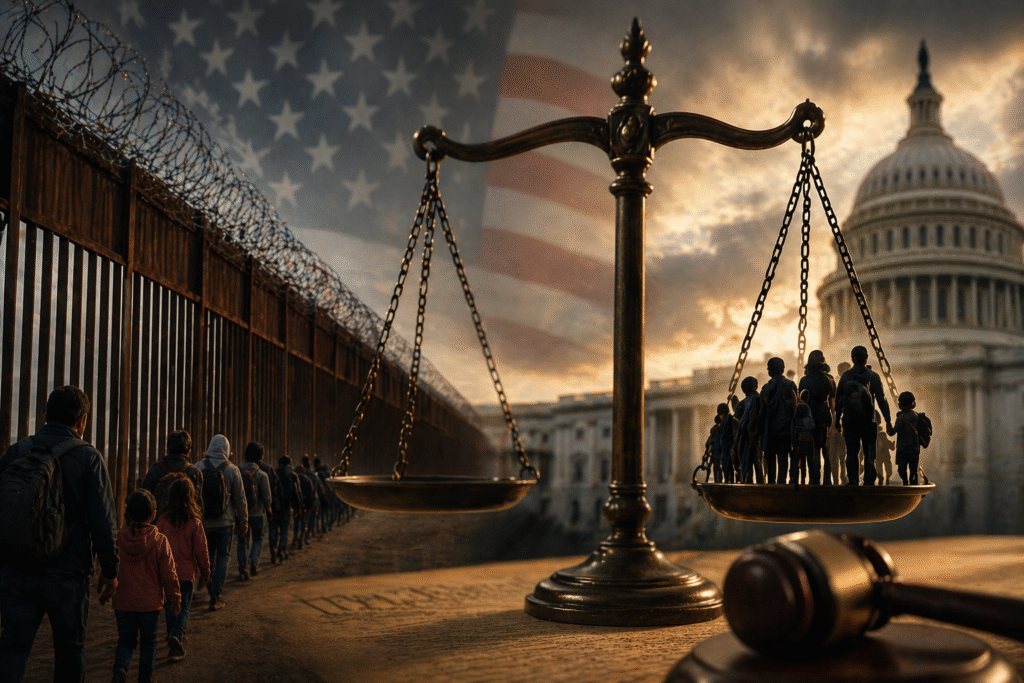 Balance scale weighing a group of migrants against an empty side, set near a border wall with barbed wire and the U.S. Capitol in the background under a dramatic sky