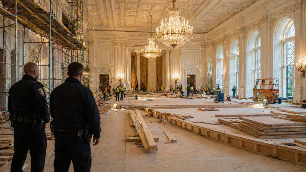 Large ornate ballroom under construction with scaffolding, workers, and materials spread across the floor, as security personnel observe the site inside a grand government-style interior.