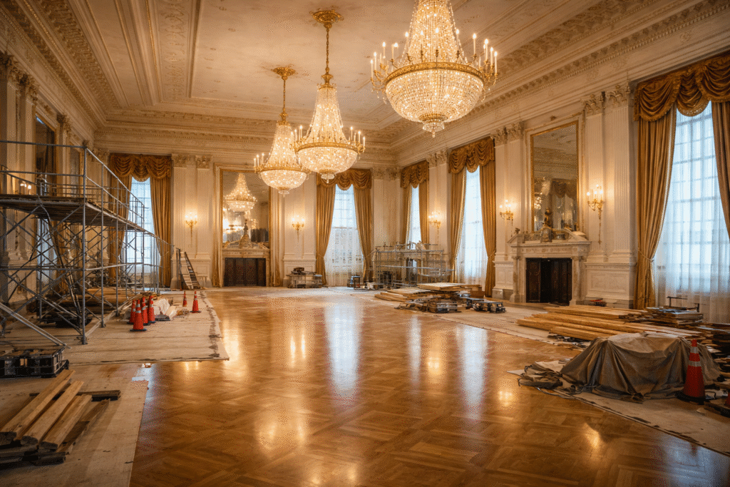 Grand ballroom with chandeliers and ornate decor partially under construction with scaffolding and materials, representing halted White House project