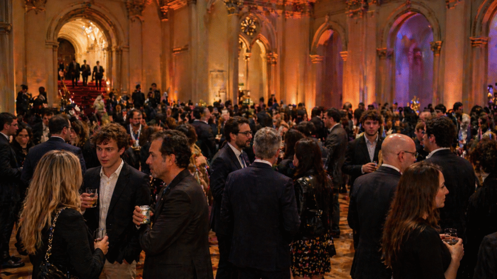Crowd of people in formal attire mingling in a large, ornate hall with high ceilings and warm lighting during a busy evening event.