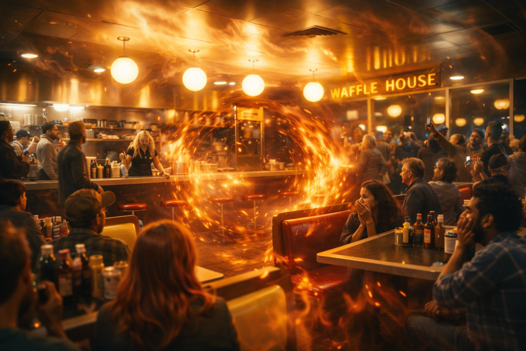 Crowded Waffle House diner at night with customers and staff reacting as a bright, swirling fiery vortex appears near the counter, casting an orange glow across the room