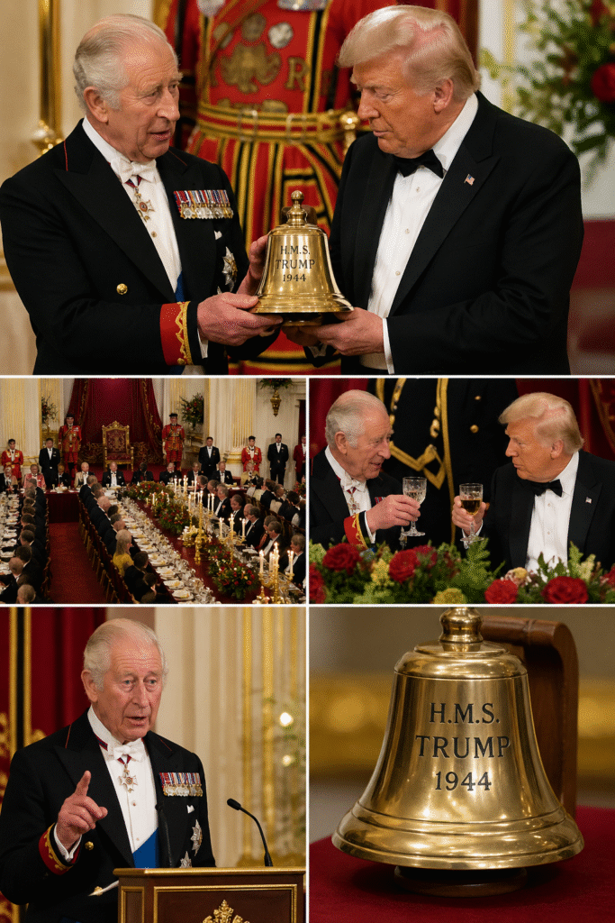 King Charles III presents President Donald Trump with a polished brass bell engraved “H.M.S. Trump 1944” during a formal state dinner, with banquet guests and ceremonial guards in the background