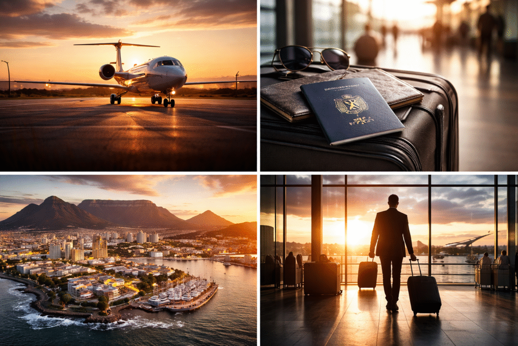 Traveler walking through airport terminal with suitcase at sunset, alongside private jet and coastal city skyline, representing international relocation and departure