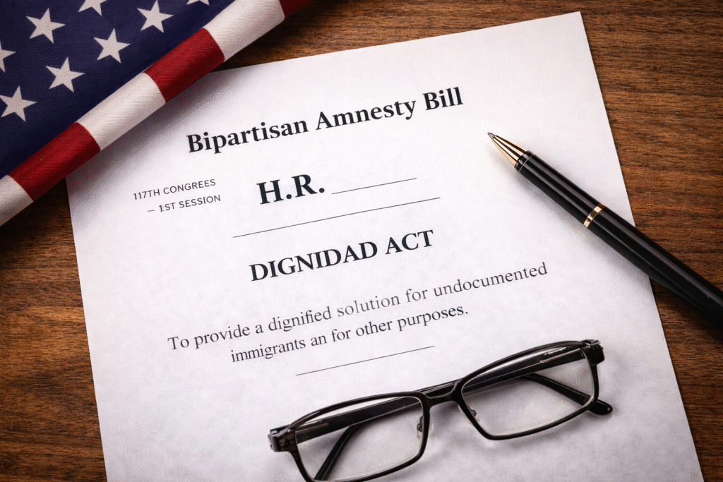 Printed legislative document labeled “Bipartisan Amnesty Bill” with “DIGNIDAD Act” subtitle on a wooden desk, alongside a pen, eyeglasses, and a partially visible American flag