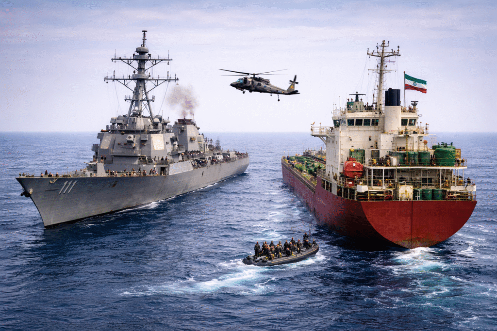 US Navy destroyer sailing parallel to a cargo ship in open ocean with a clear gap between them, a helicopter overhead, and a small boat carrying personnel approaching the vessel