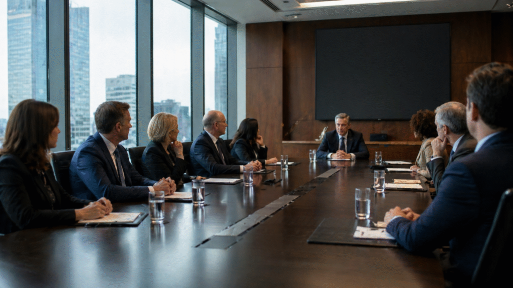 Executives seated around a conference table in a modern corporate boardroom with a blank presentation screen and city skyline visible through large windows