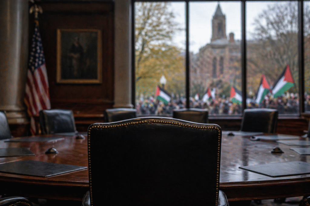 Empty boardroom table with central chair facing large windows overlooking a blurred protest outside with flags and crowd