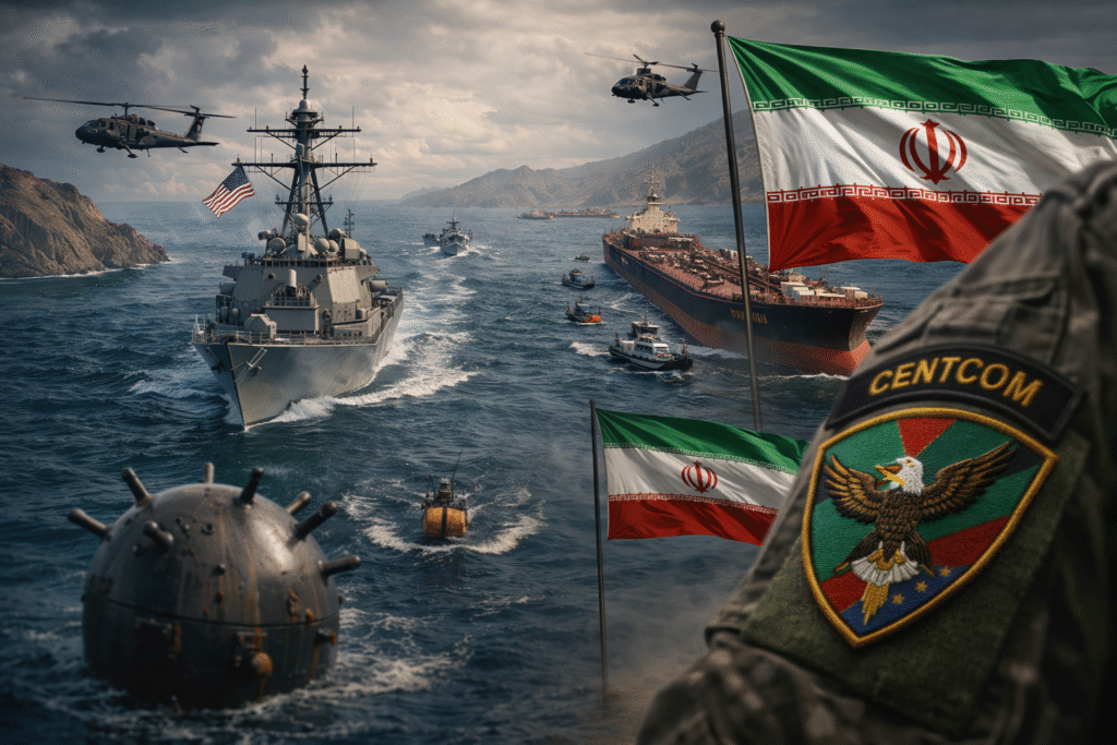 U.S. Navy warship and escort vessels intercept an oil tanker in a narrow strait, with Iranian flags visible, helicopters overhead, and a naval mine in the foreground indicating heightened military tension